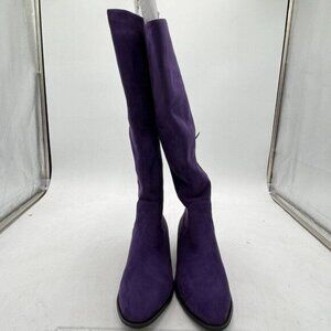 Purple Women Almond Toe Knee High Boots with Partial Zipper Stretchy Cold